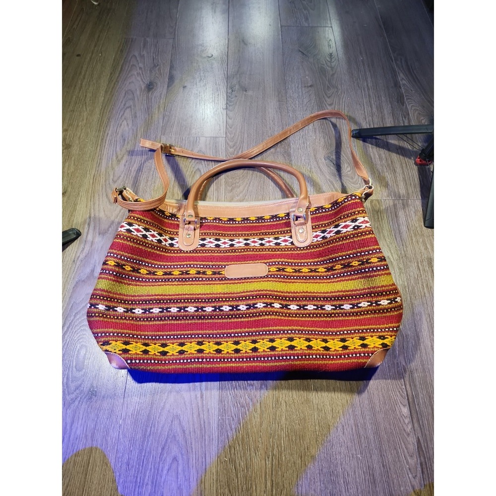 Vintage Southwestern Woven Weekender Duffle Bag Leather Trim Crossbody Boho